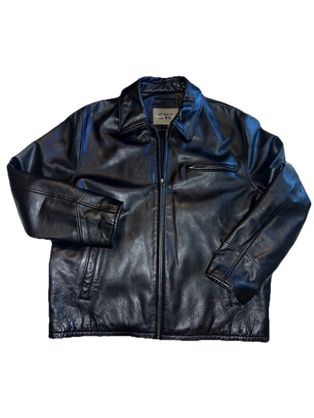 South Wind Men's Black Leather Jacket Quilted Lined Full Zip, Size L Vintage